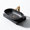 Black marble oval wash basin with golden faucet and base 50 x 30 x 15cm