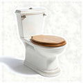 Two-piece elongated toilet with wooden seat and white ceramic body