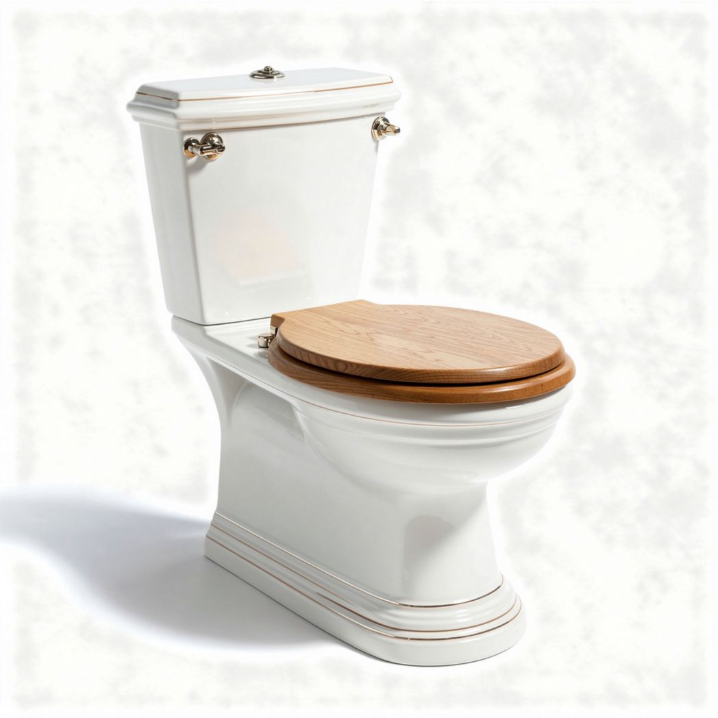 Two-piece elongated toilet with wooden seat and white ceramic body