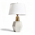 Geometric table lamp with white linen shade and ceramic base 20 x 20 x 40cm