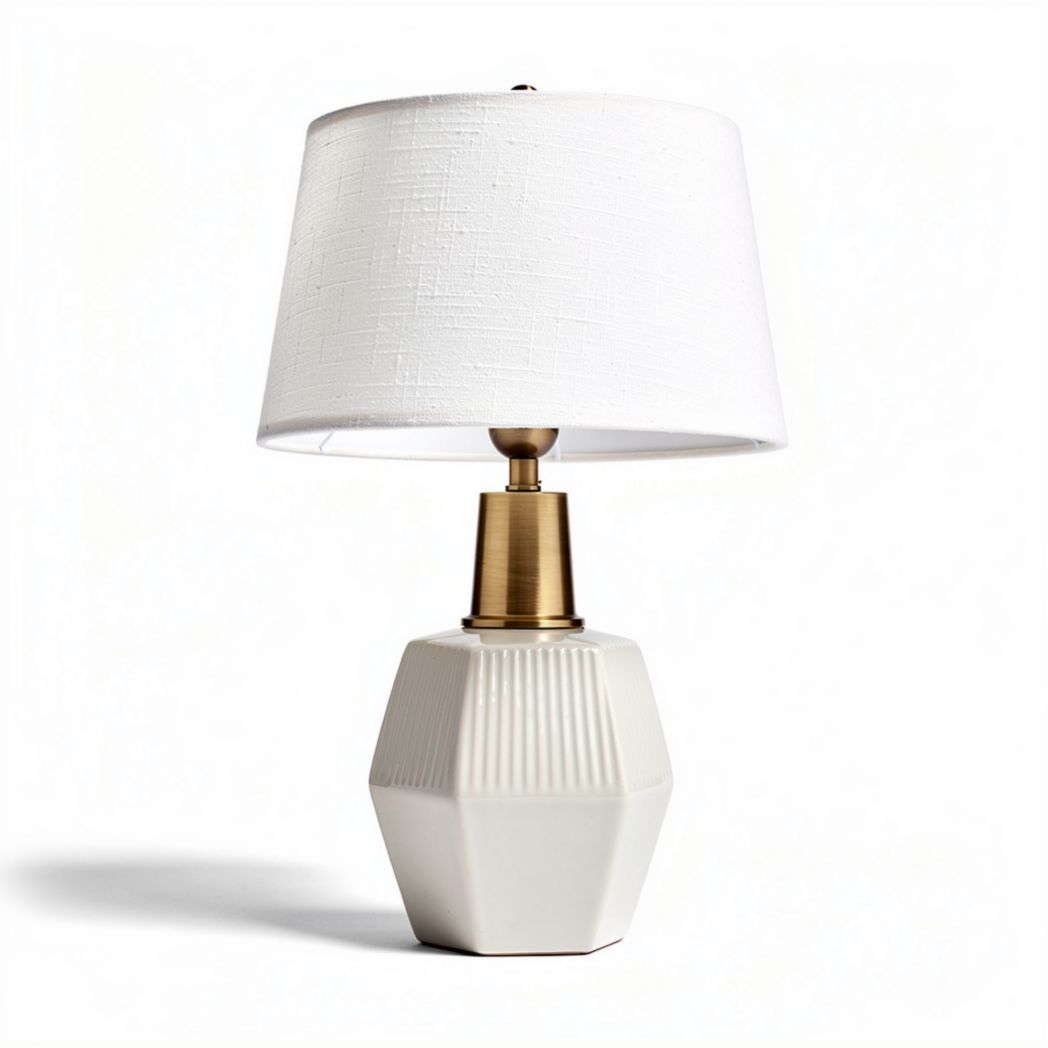 Geometric table lamp with white linen shade and ceramic base 20 x 20 x 40cm