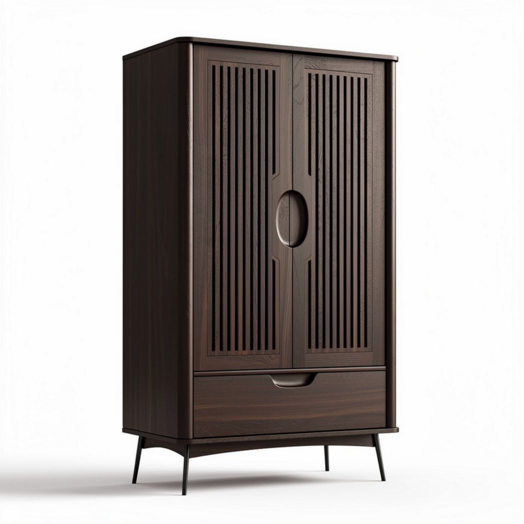 Wooden wardrobe with slatted doors and drawer 120 x 60 x 180cm in dark brown