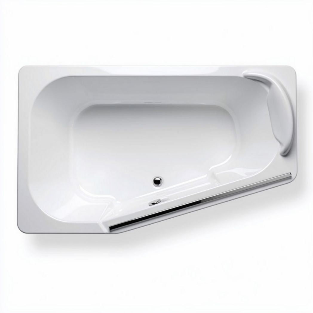 Acrylic corner soaking bathtub with integral armrest and polished chrome drain 160 x 75 x 50cm