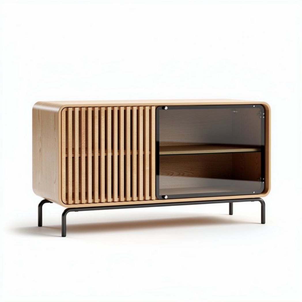 Wooden sideboard with slatted doors and black metal frame 120 x 40 x 60cm